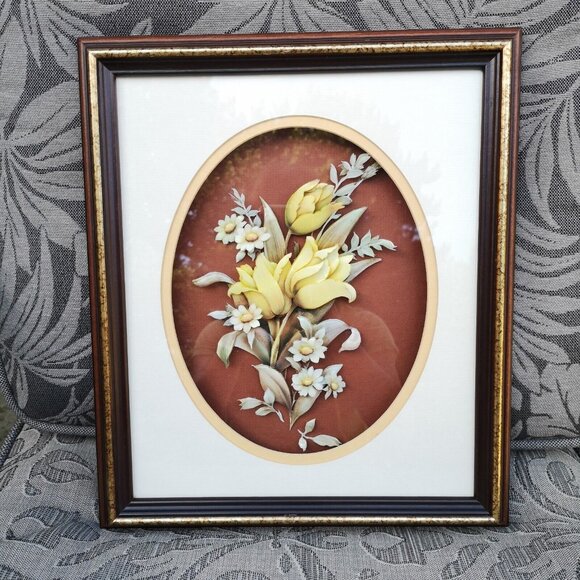 Vintage 3D Decoupage Yellow Tulips Picture In Wooden Frame 14"x12" - Picture 1 of 12
